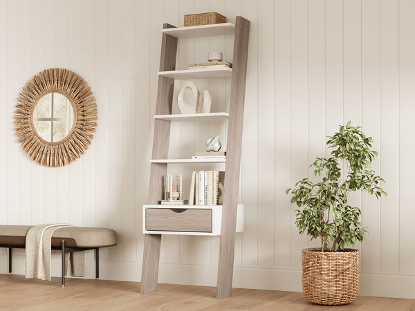 Clive 5 Tier Ladder Shelf with Drawer - Walnut + White