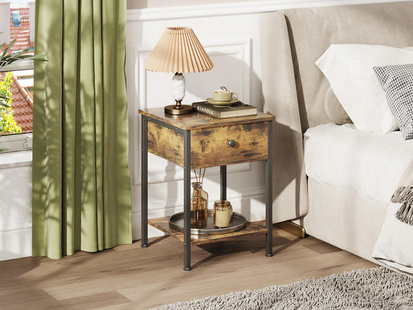 Atlas Side Table with Drawer and Storage Shelf - Rustic Brown