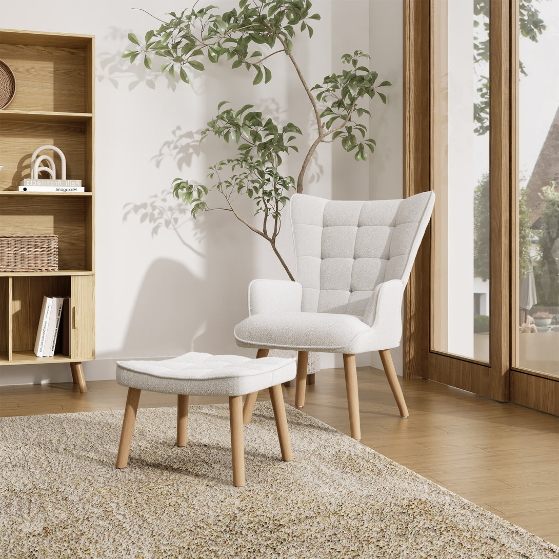 Emma Boucle Armchair with Ottoman - White 