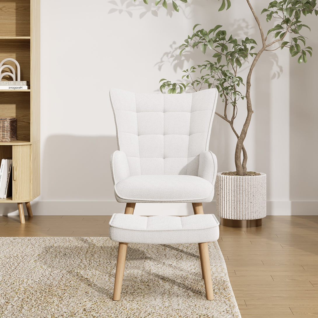 Emma Boucle Armchair with Ottoman - White 