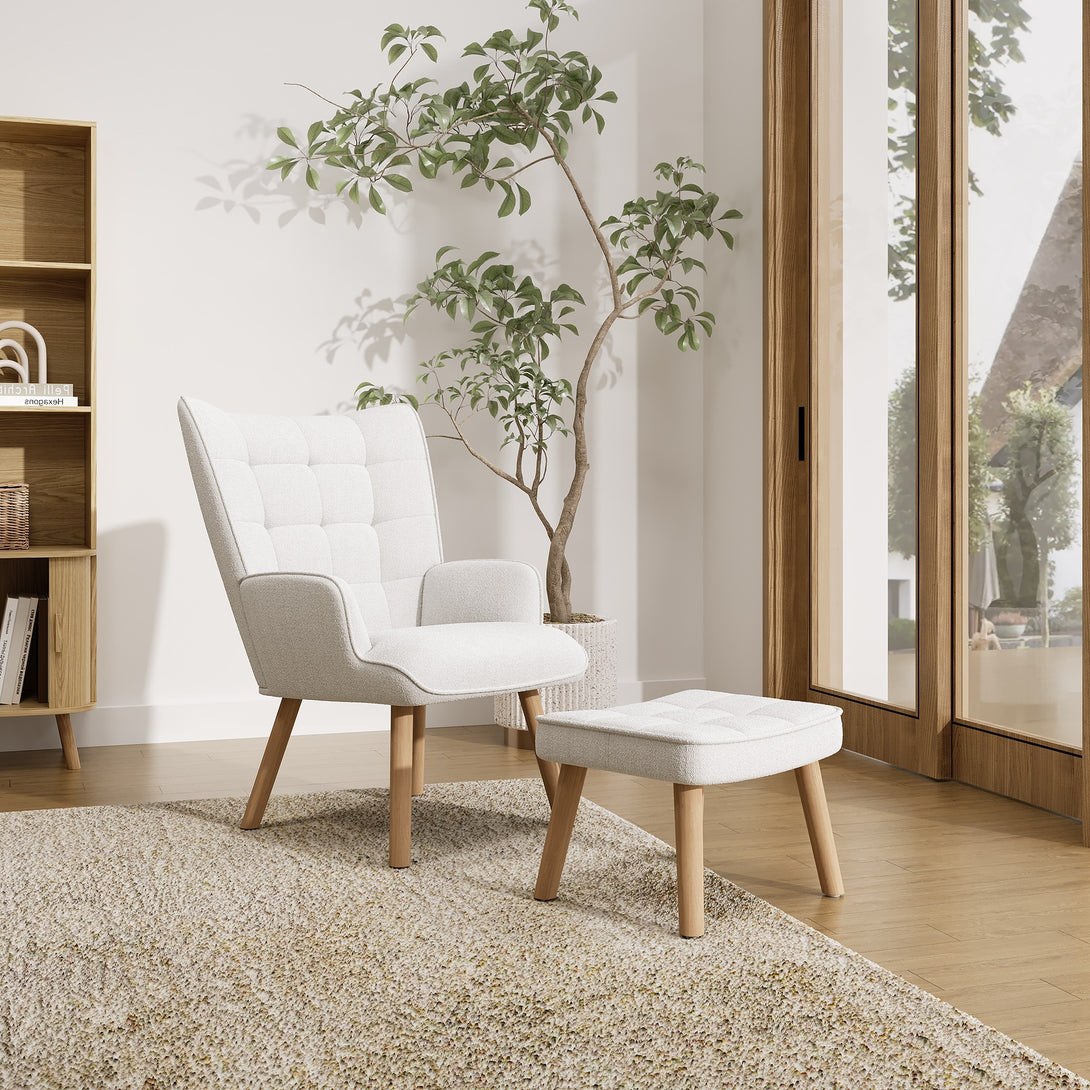 Emma Boucle Armchair with Ottoman - White 