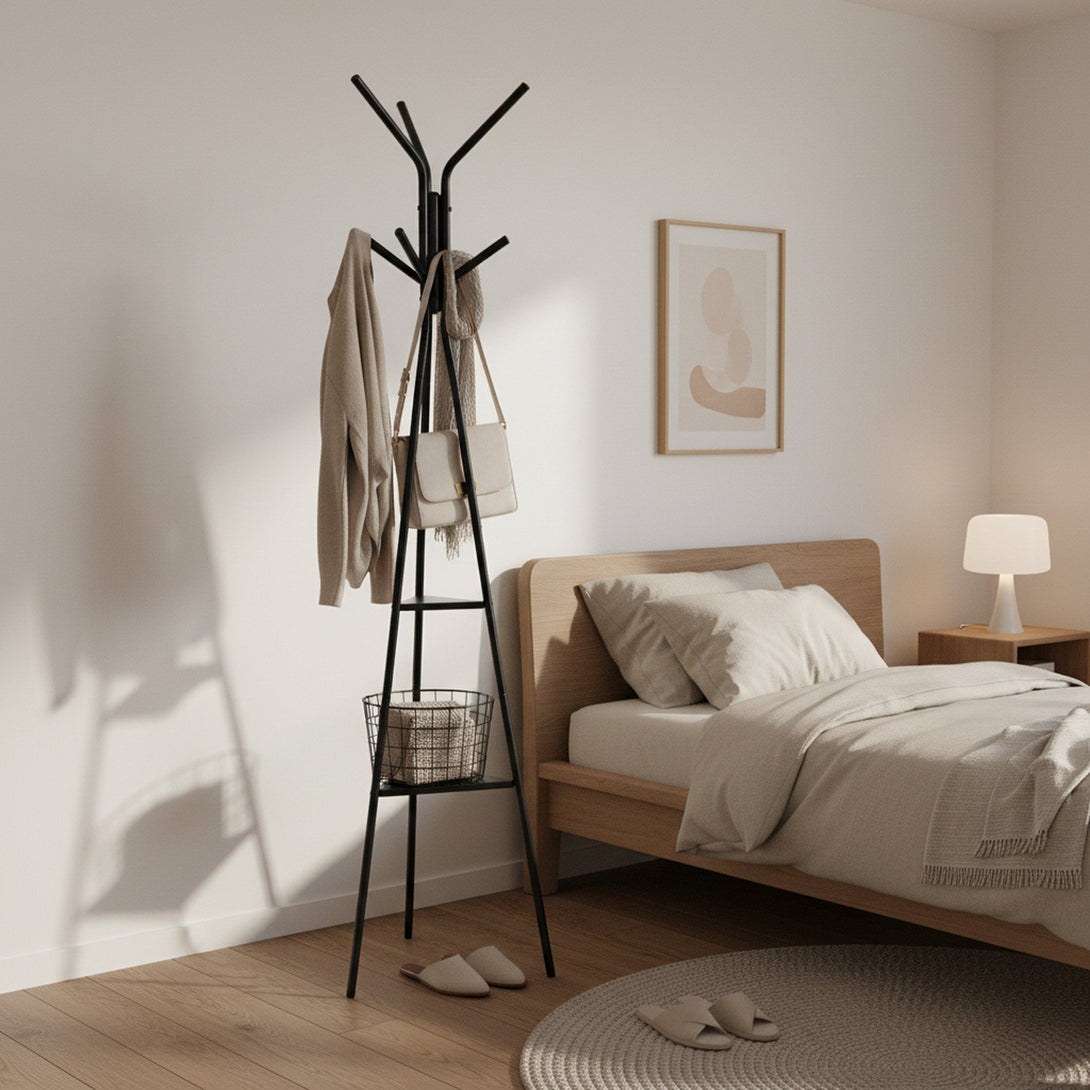 Aero Coat Rack with Storage Shelves - Black