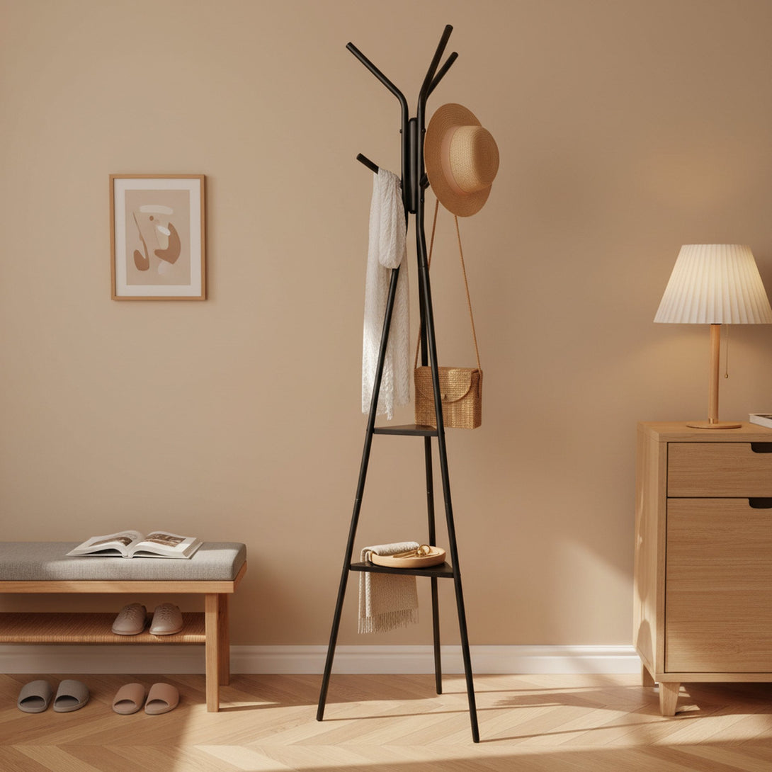 Aero Coat Rack with Storage Shelves - Black