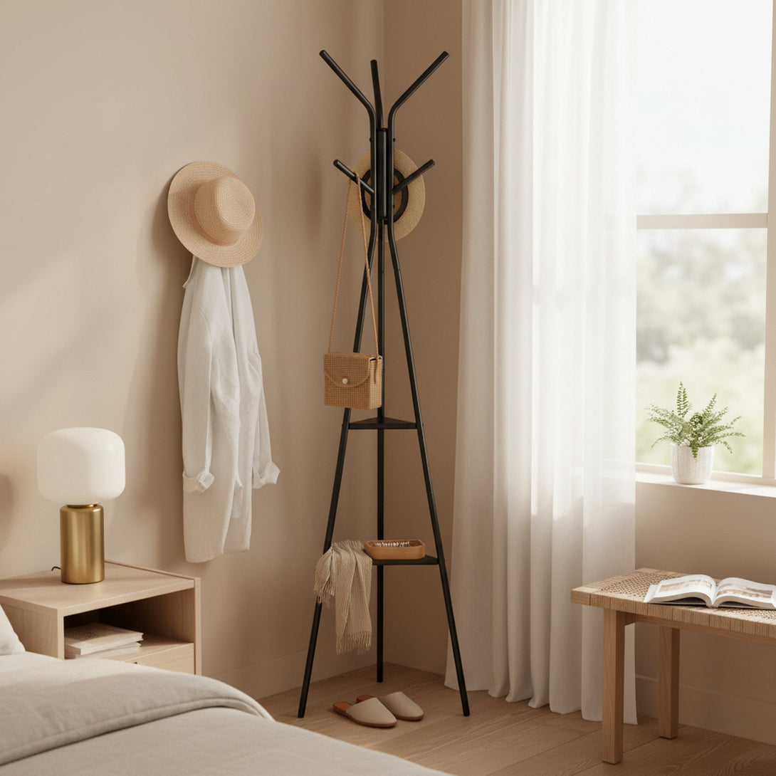 Aero Coat Rack with Storage Shelves - Black