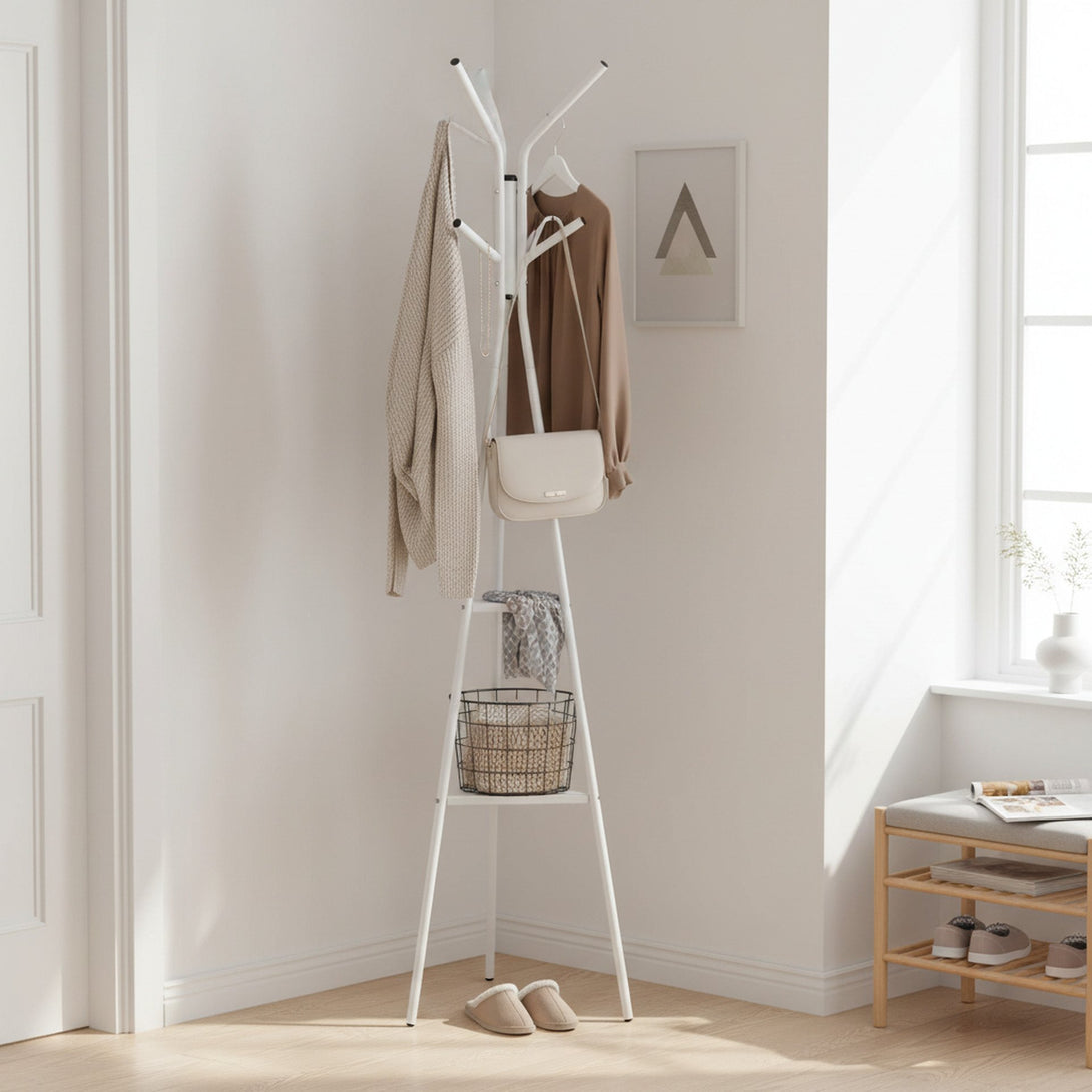 Aero Coat Rack with Storage Shelves - White