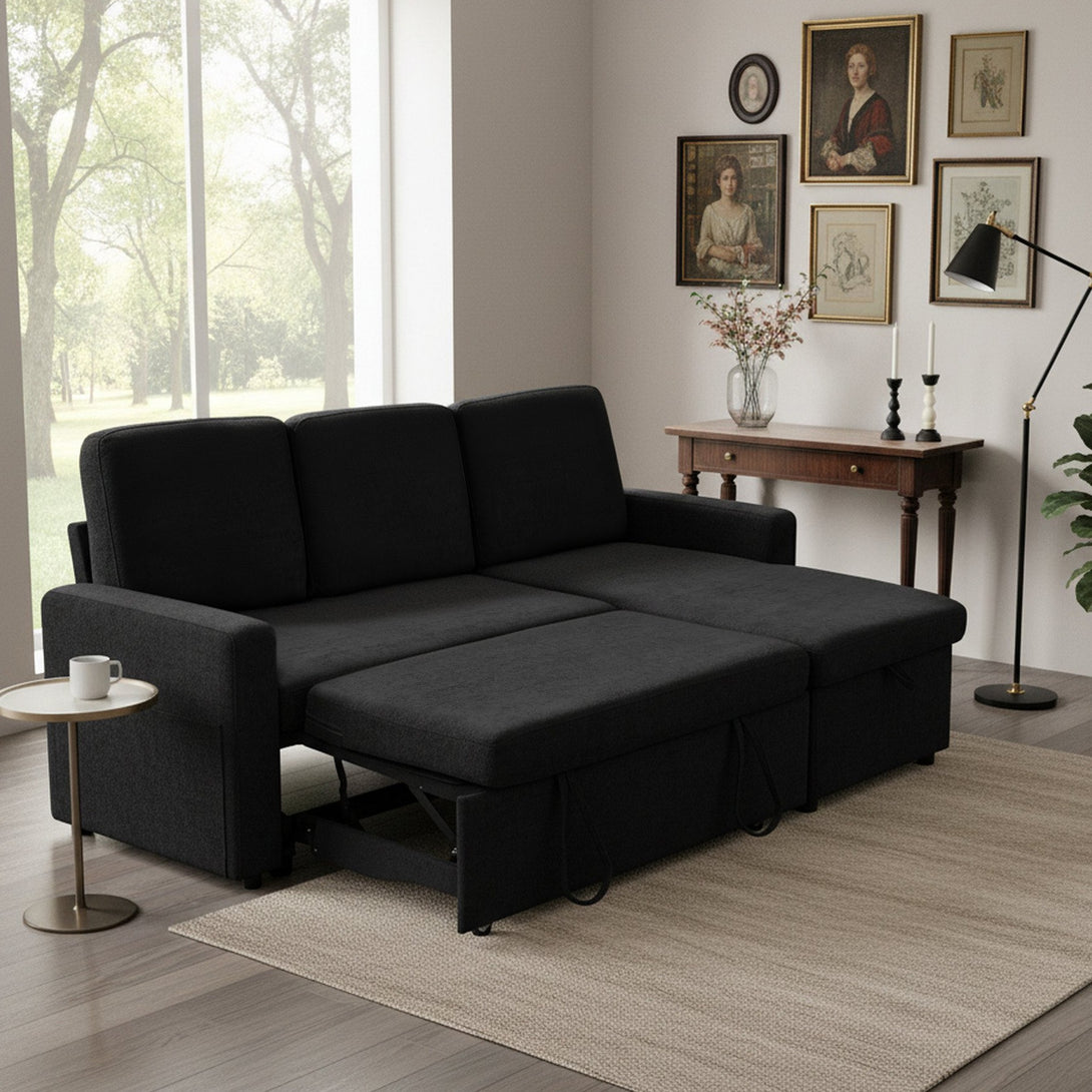Amy 3 Seater Sofa Bed with Storage - Black