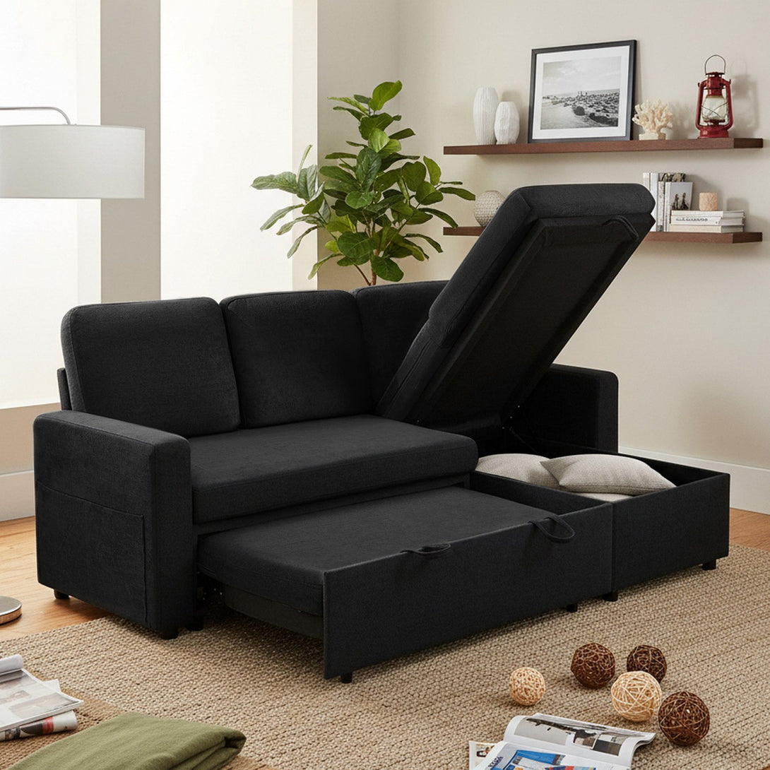 Amy 3 Seater Sofa Bed with Storage - Black