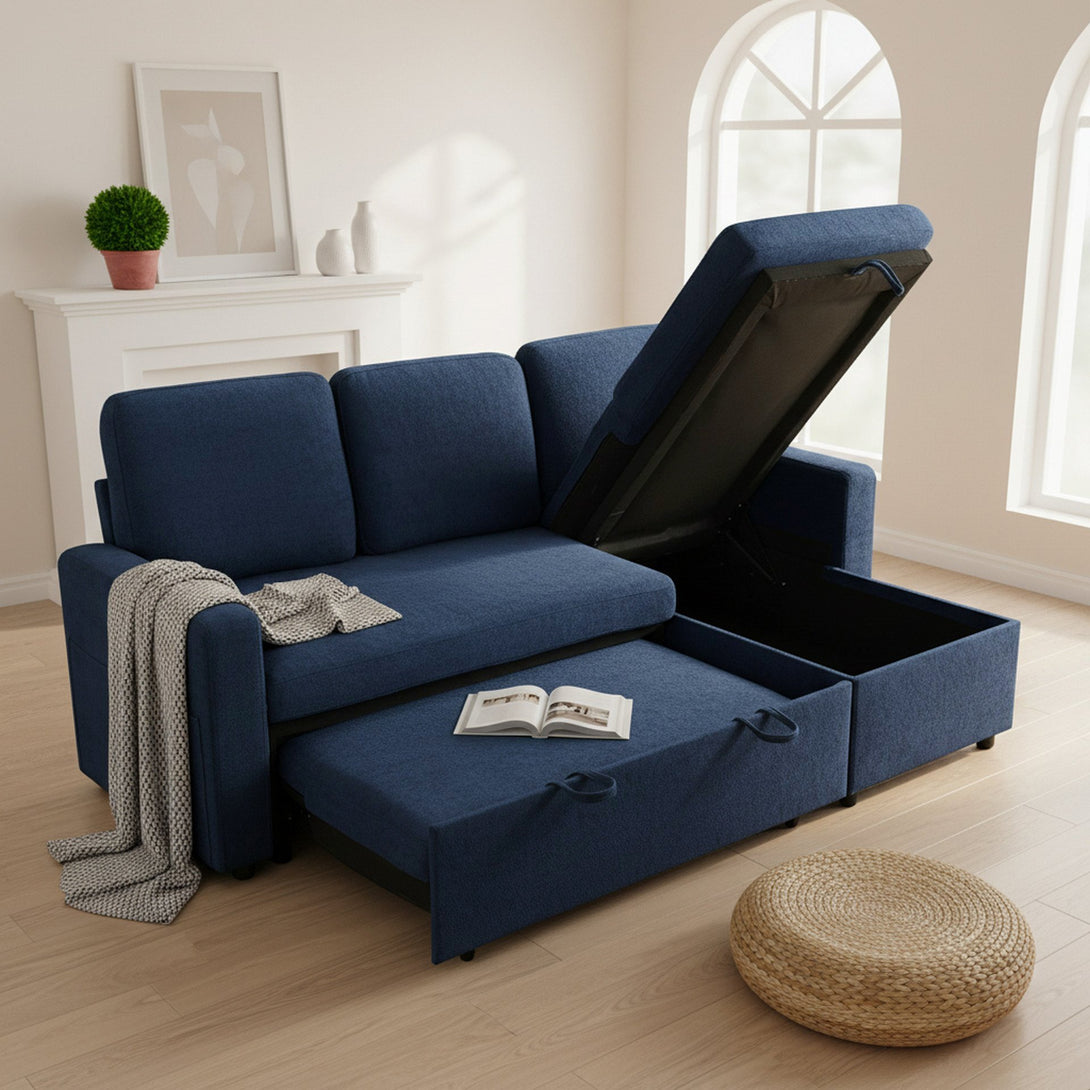Amy 3 Seater Sofa Bed with Storage - Blue