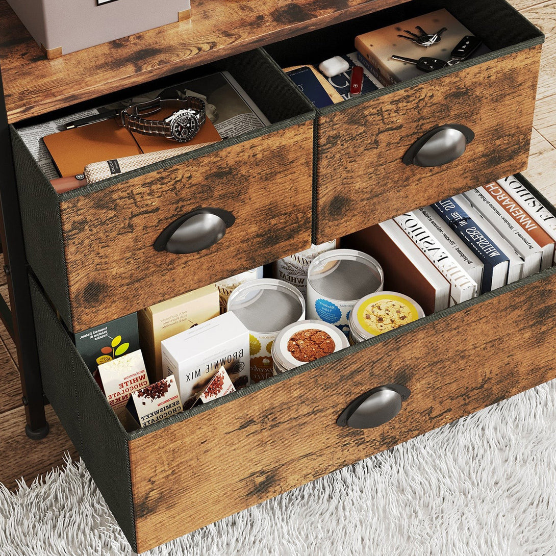 Whitby 4 Tier Storage Shelf with Drawers - Rustic Brown
