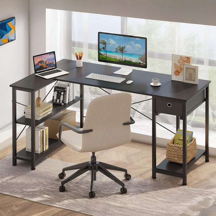 Simon Computer Corner Desk with Bookshelf - Black