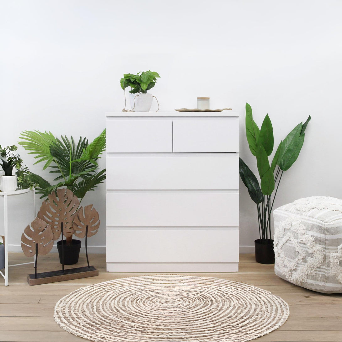 Tongass Wooden Tallboy 5 Drawers - White