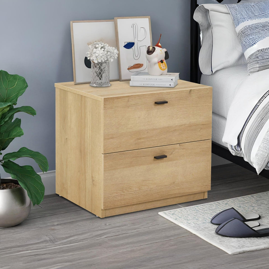 Hekla Wooden Bedside Table Nightstand with 2 Drawers - Oak