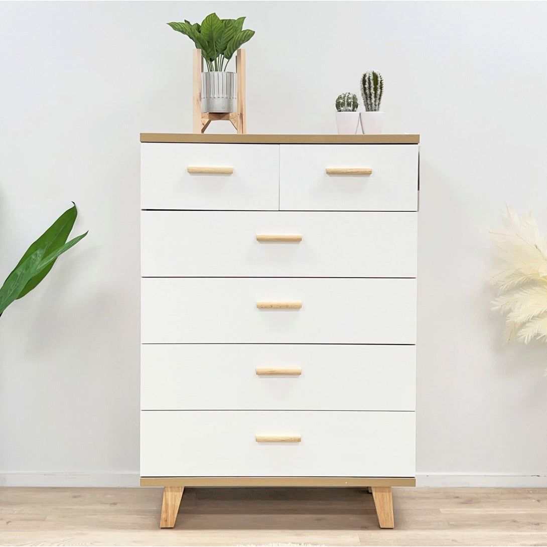Alton Tallboy 6 Drawers - Natural + White