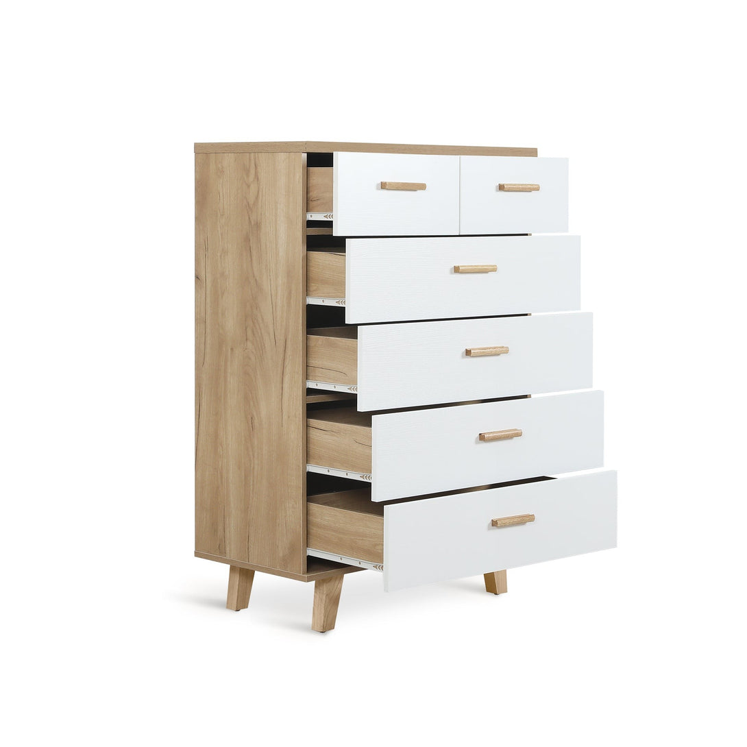 Alton Tallboy 6 Drawers - Natural + White