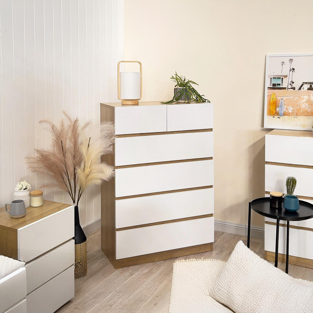 Harris 6 Drawers Tallboy - Oak + White