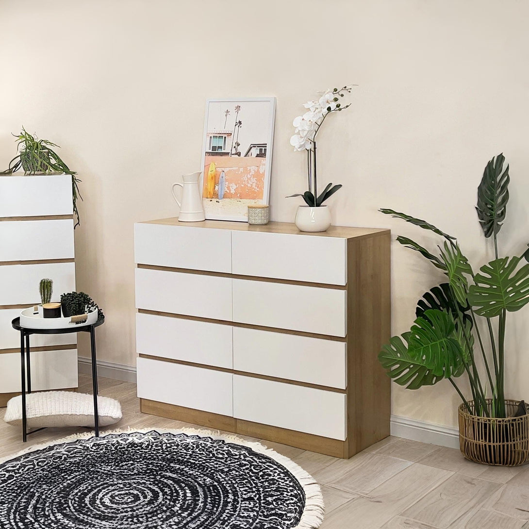 Harris 8 Drawers Low Boy - Oak + White