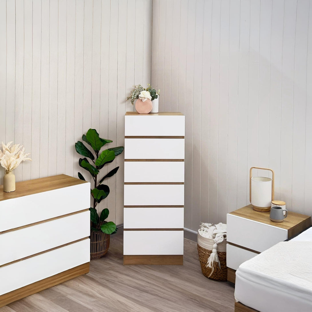 Harris 6 Drawers Slim Tallboy - Oak + White