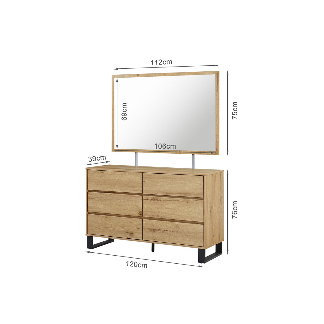 Frohna Low Boy 6 Drawers Chest Dresser with Mirror - Oak