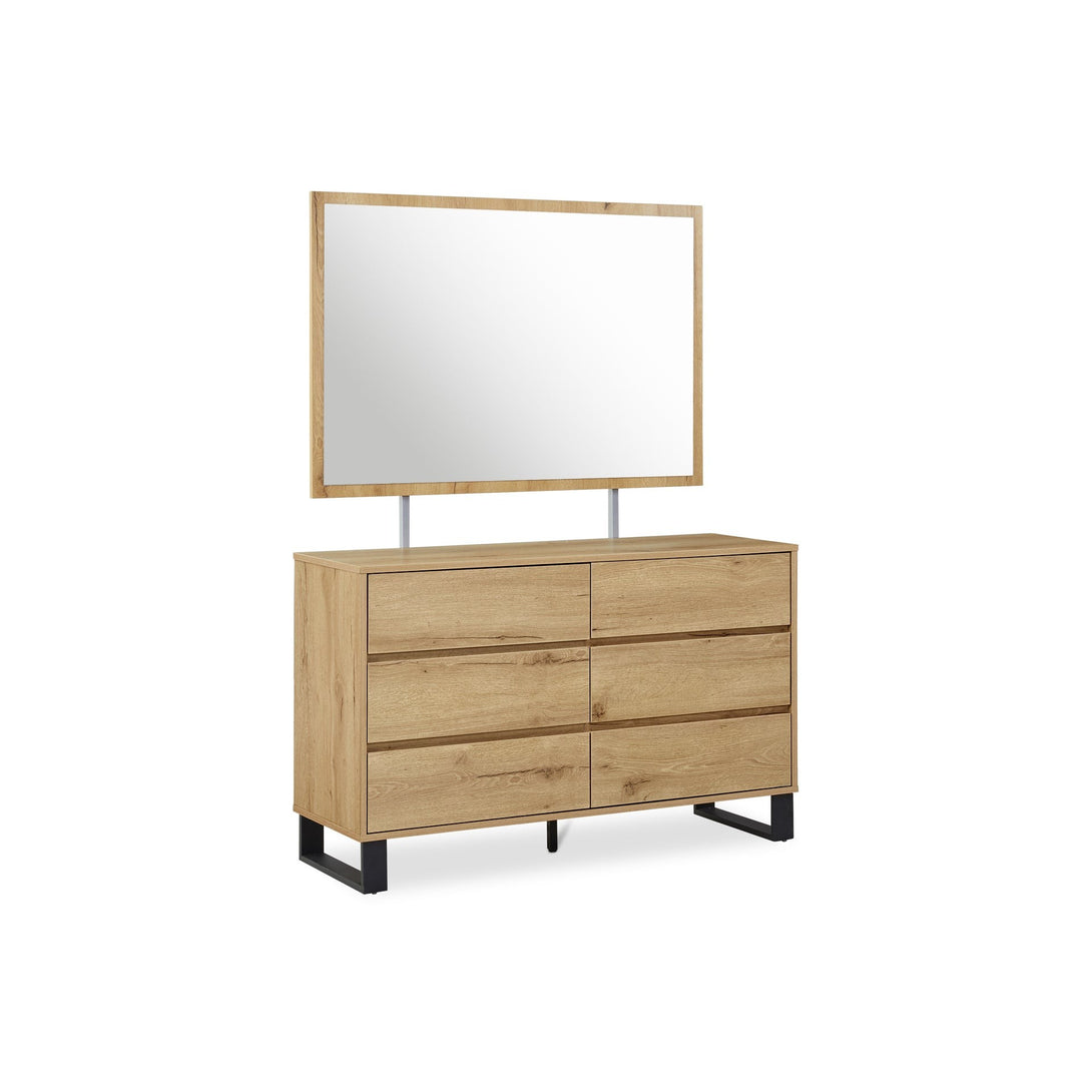 Frohna Low Boy 6 Drawers Chest Dresser with Mirror - Oak