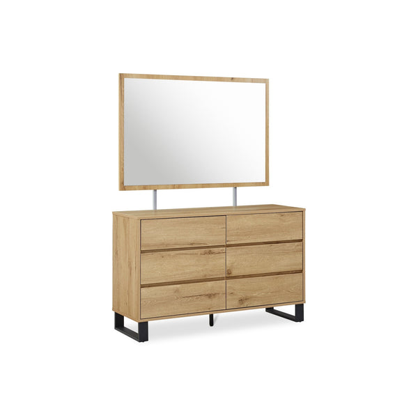 Frohna Low Boy 6 Drawers Chest Dresser with Mirror - Oak
