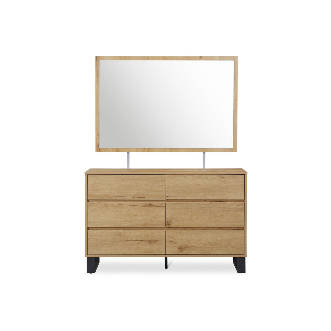 Frohna Low Boy 6 Drawers Chest Dresser with Mirror - Oak