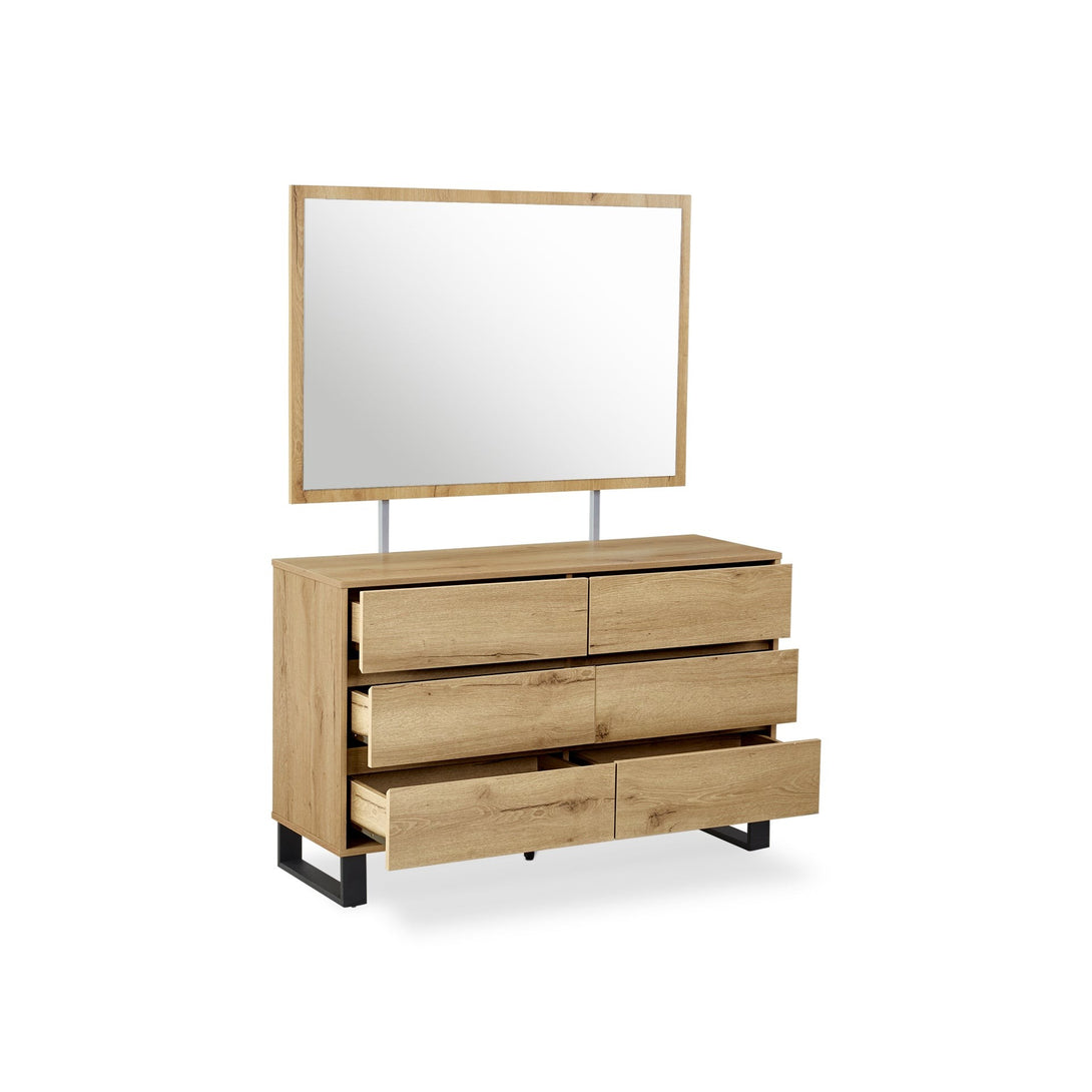 Frohna Low Boy 6 Drawers Chest Dresser with Mirror - Oak