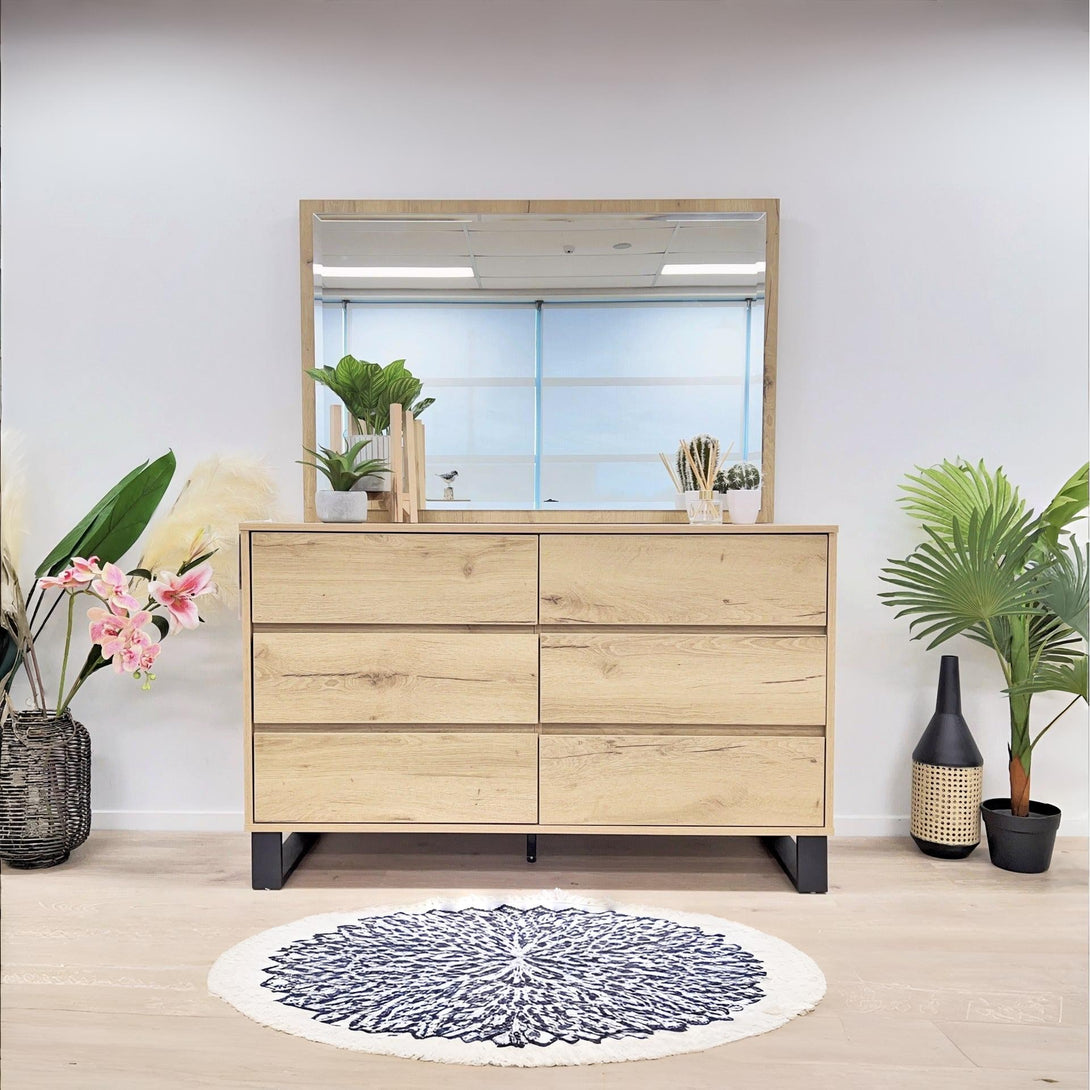 Frohna Low Boy 6 Drawers Chest Dresser with Mirror - Oak