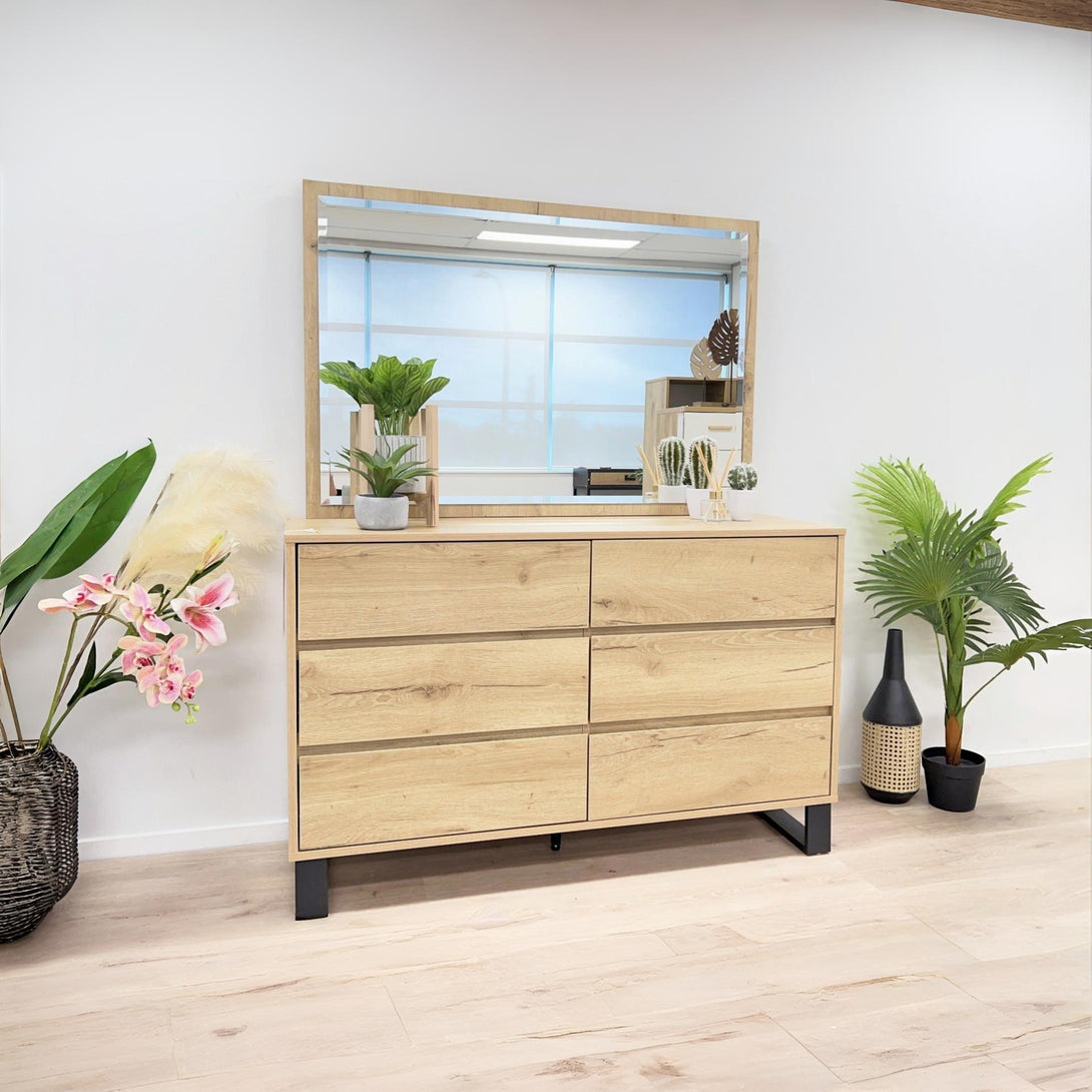 Frohna Low Boy 6 Drawers Chest Dresser with Mirror - Oak