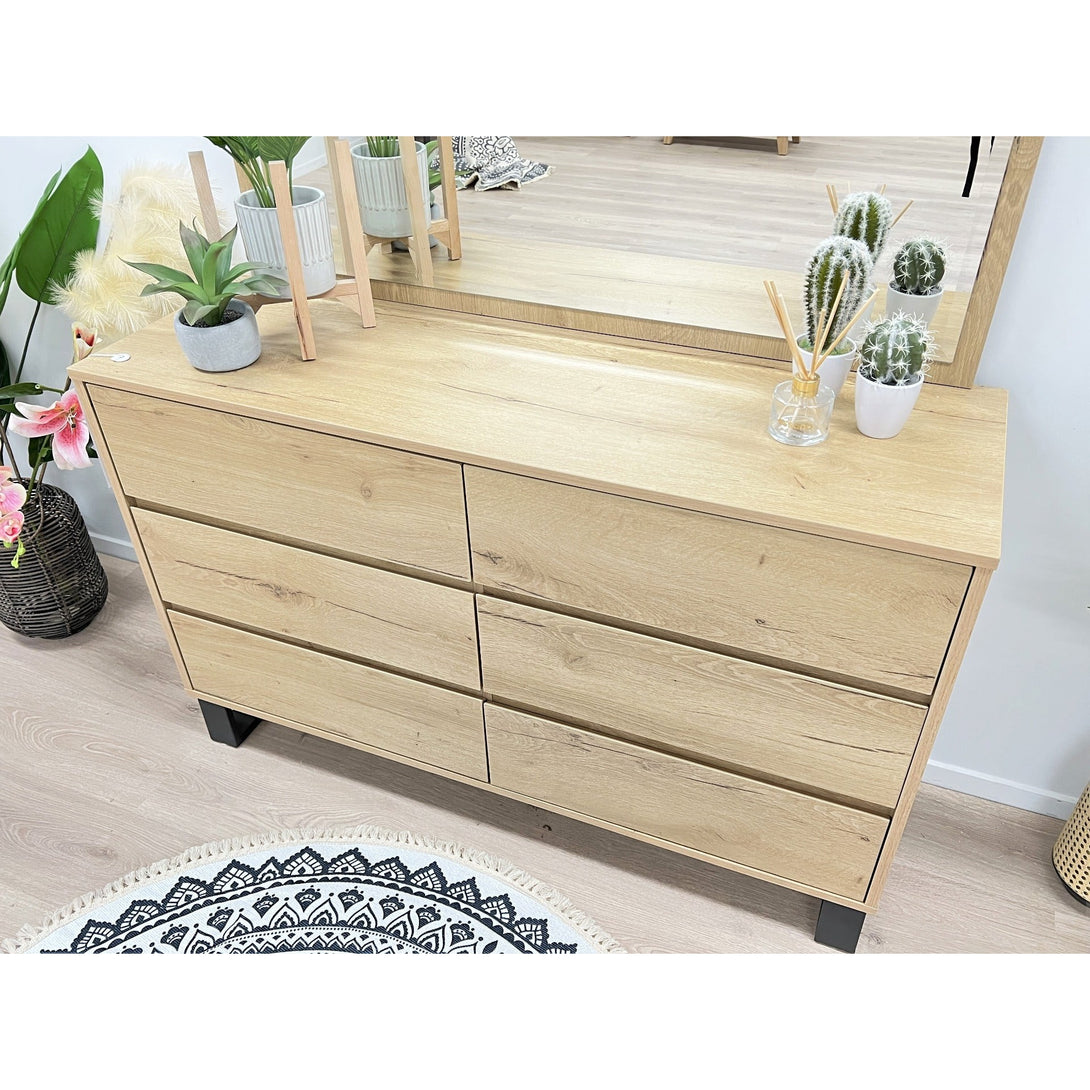 Frohna Low Boy 6 Drawers Chest Dresser with Mirror - Oak