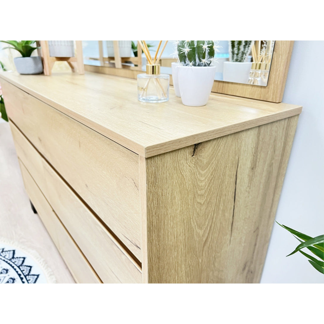 Frohna Low Boy 6 Drawers Chest Dresser with Mirror - Oak