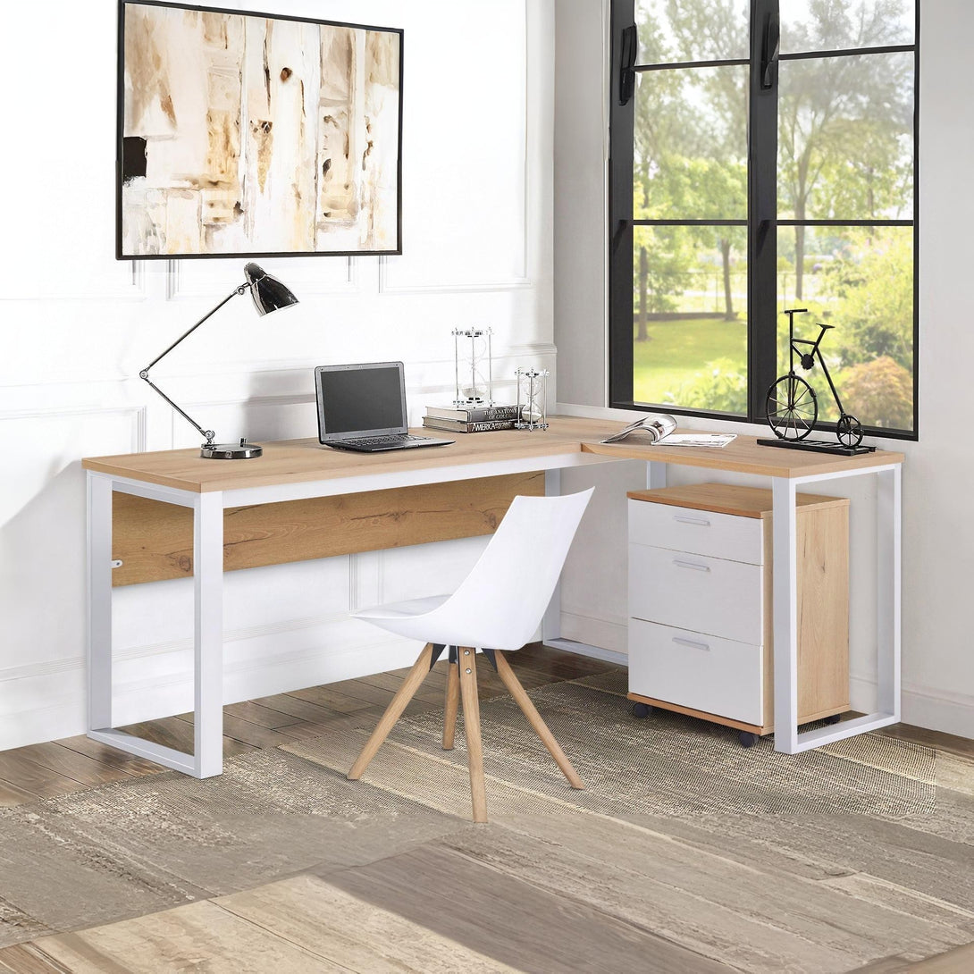 Nakia Computer Corner Desk with Filing Cabinet - Oak + White