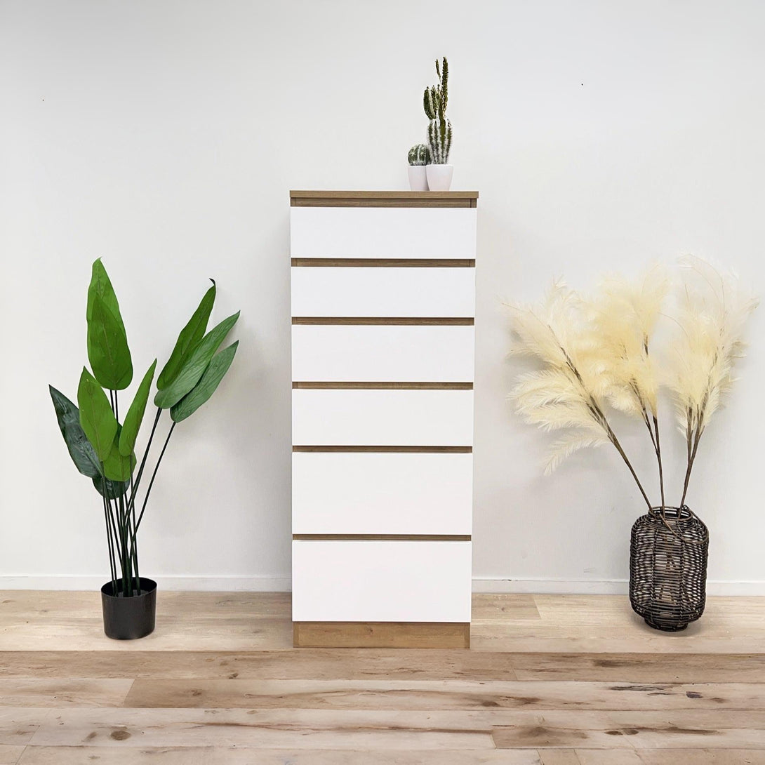 Harris 6 Drawer Tallboy with Mirror - Oak + White