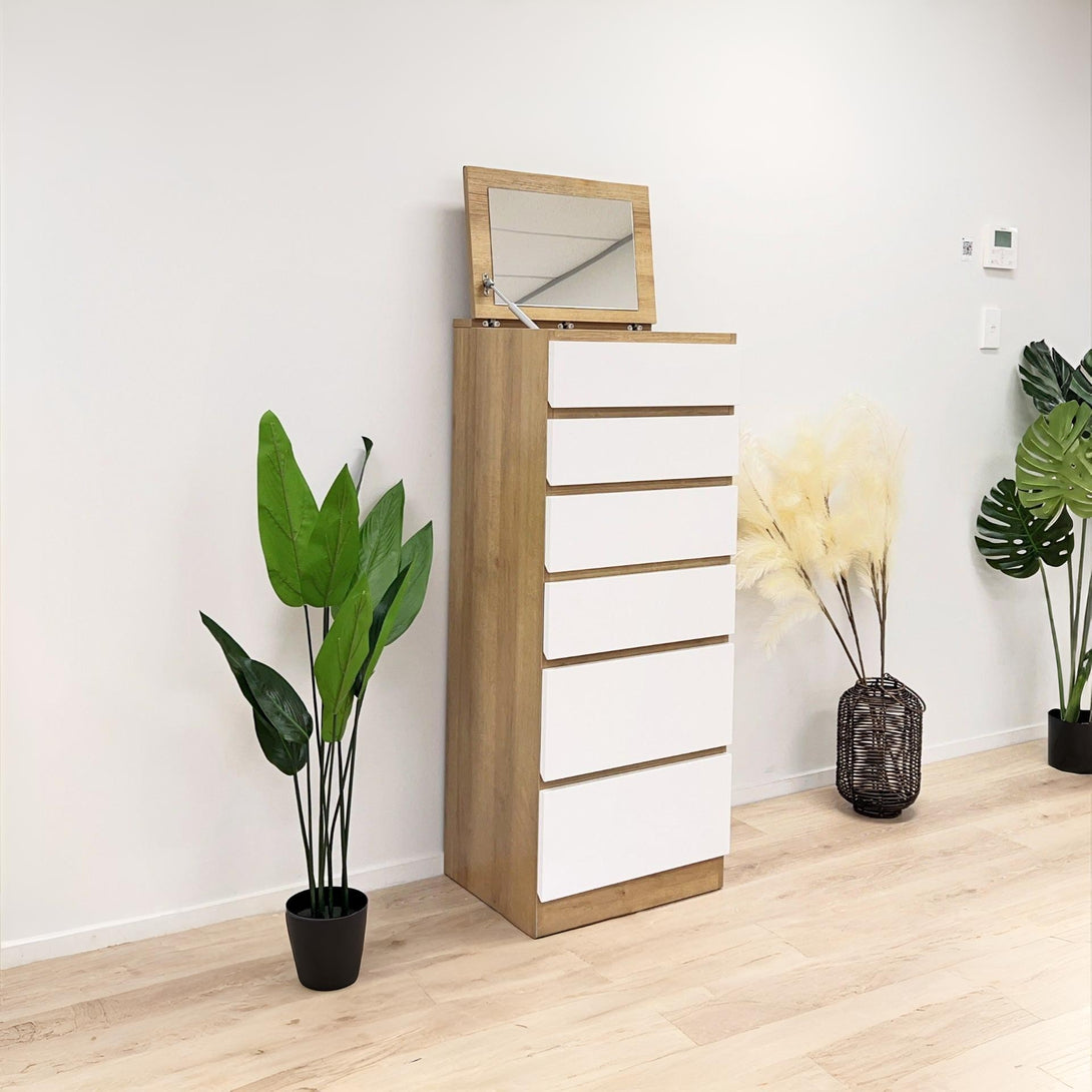 Harris 6 Drawer Tallboy with Mirror - Oak + White