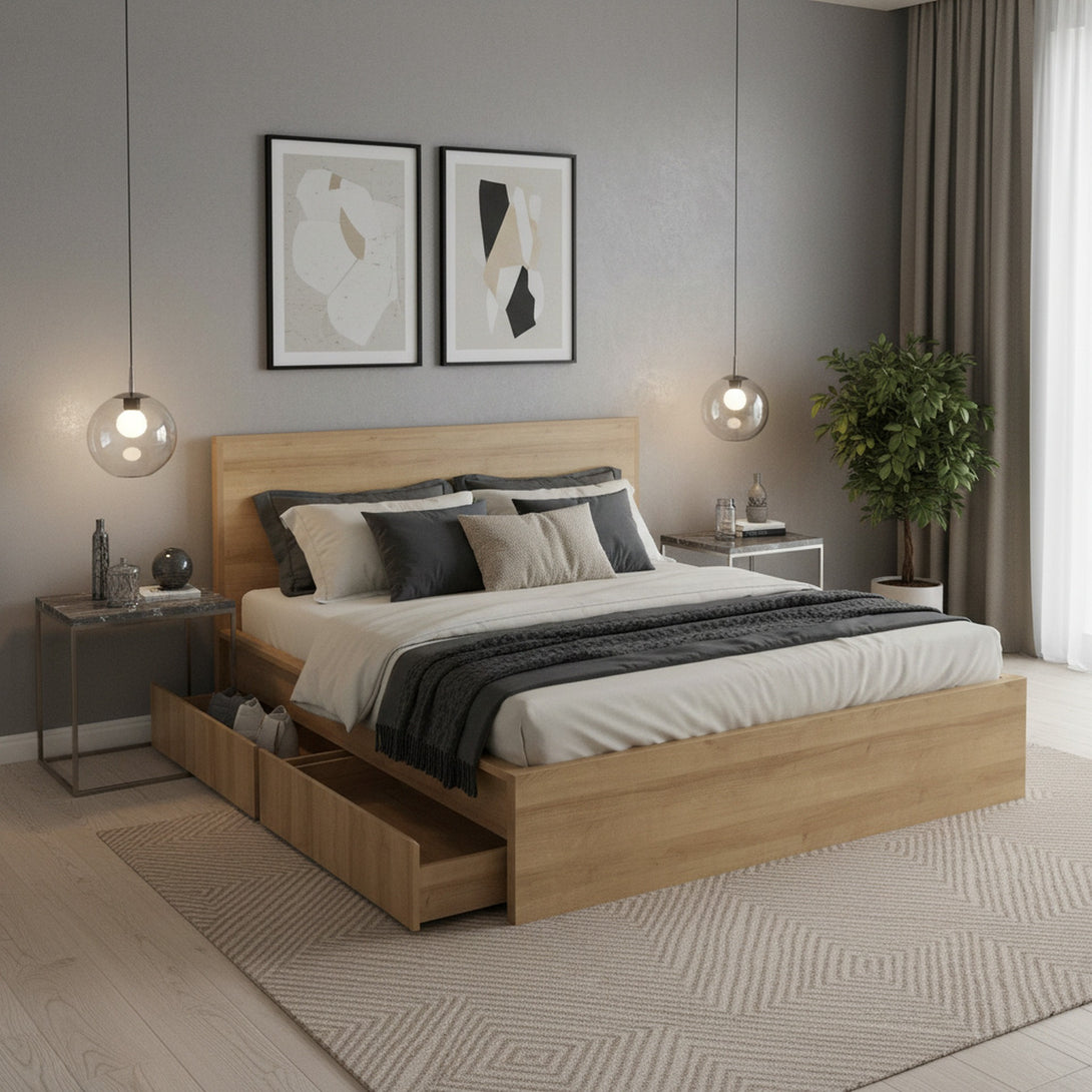 Harris Super King Bed Frame with Storage - Oak