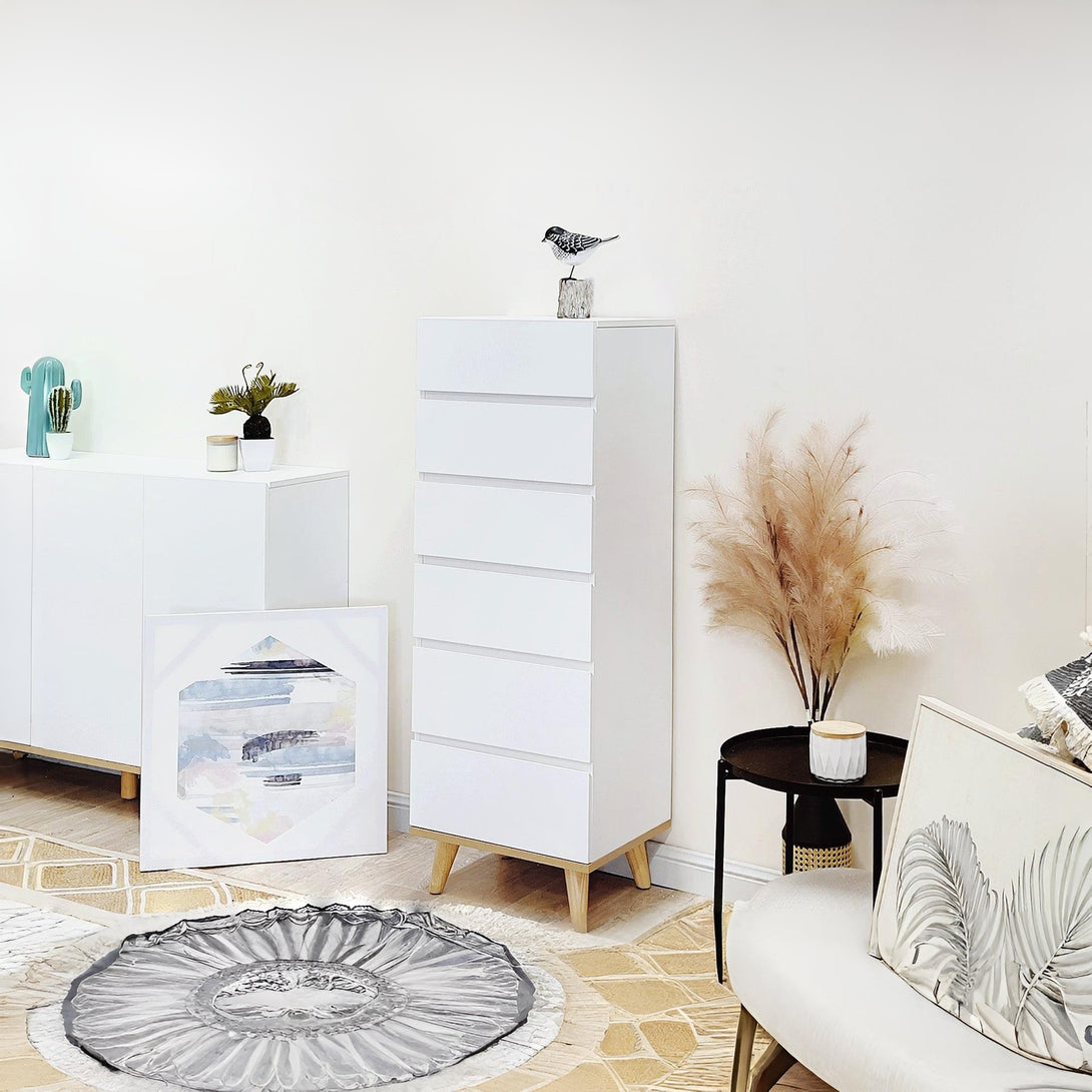 Hudson Wooden Slim Tallboy 6 Drawers - White 