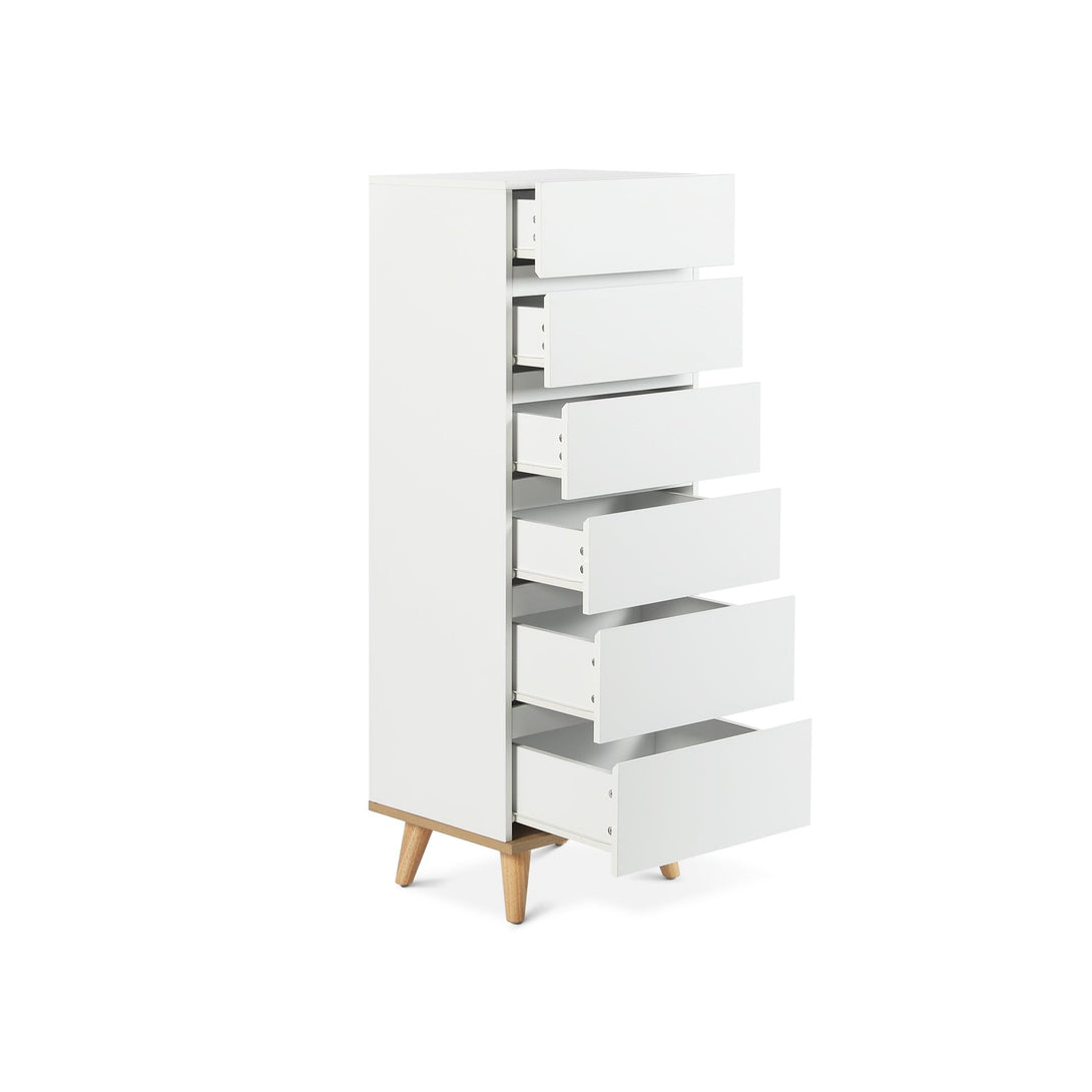 Hudson Wooden Slim Tallboy 6 Drawers - White 