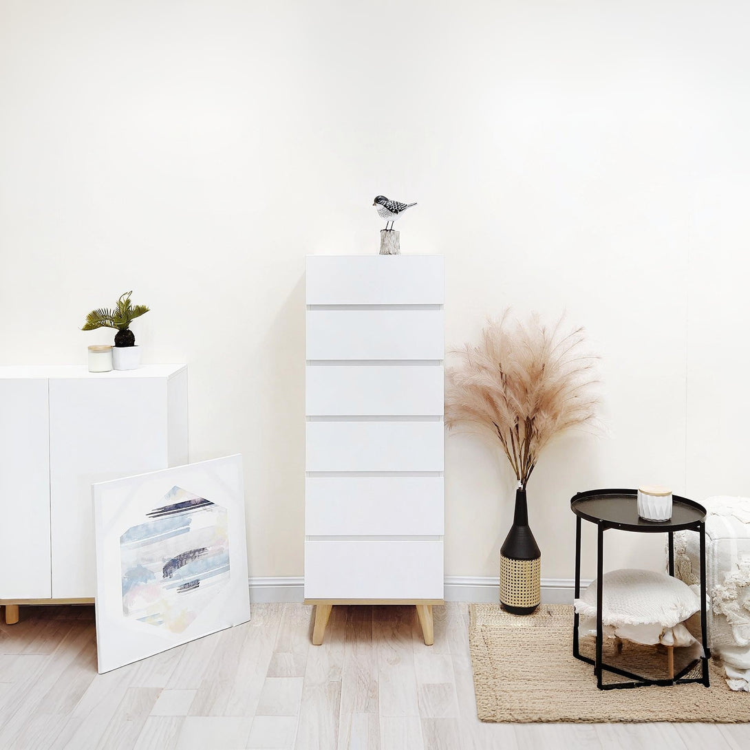 Hudson Wooden Slim Tallboy 6 Drawers - White 