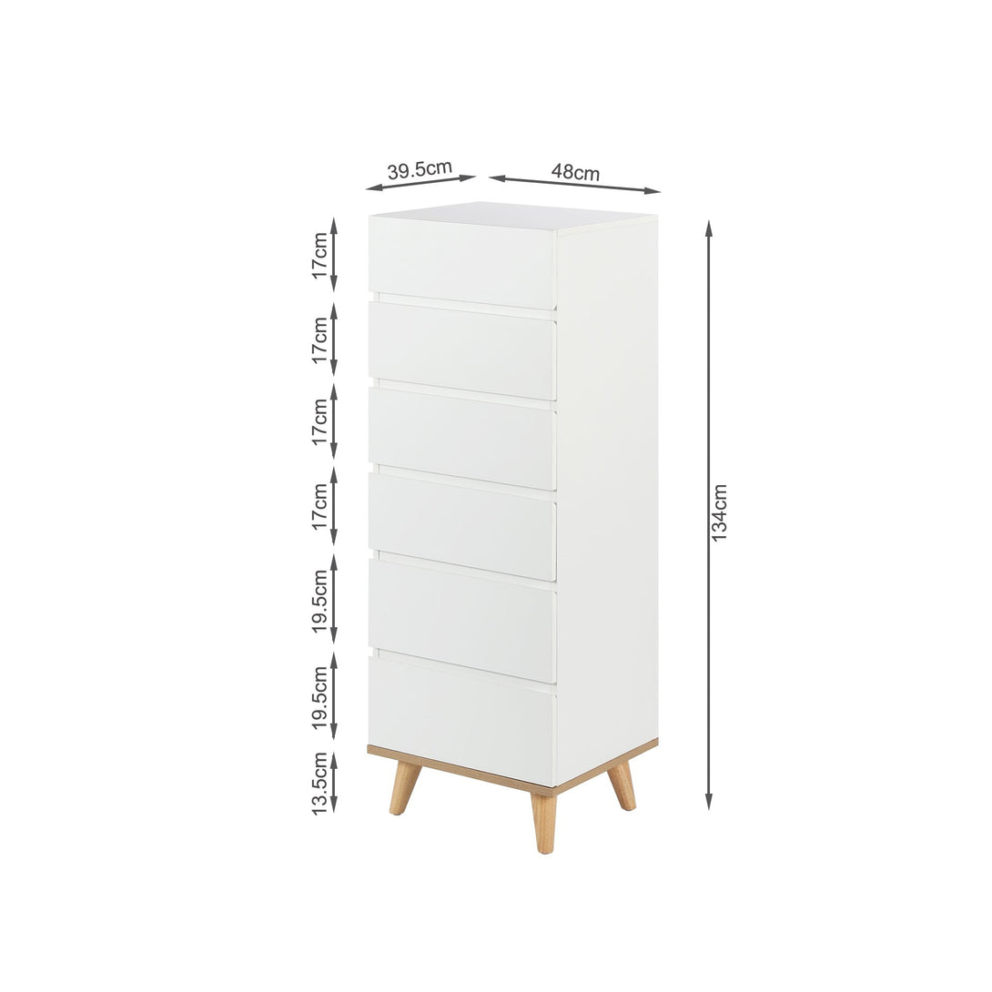 Hudson Wooden Slim Tallboy 6 Drawers - White 