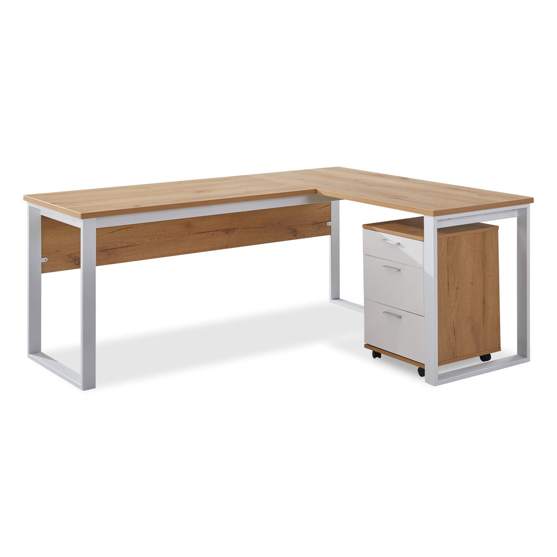 Nakia Computer Corner Desk with Filing Cabinet - Oak + White