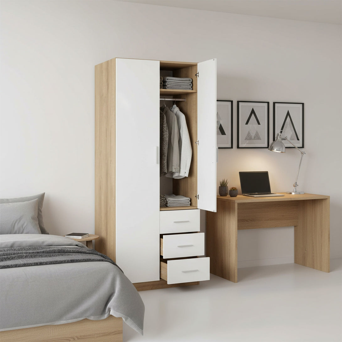 Harris 2 Door Wardrobe with 3 Drawers - Oak+White 