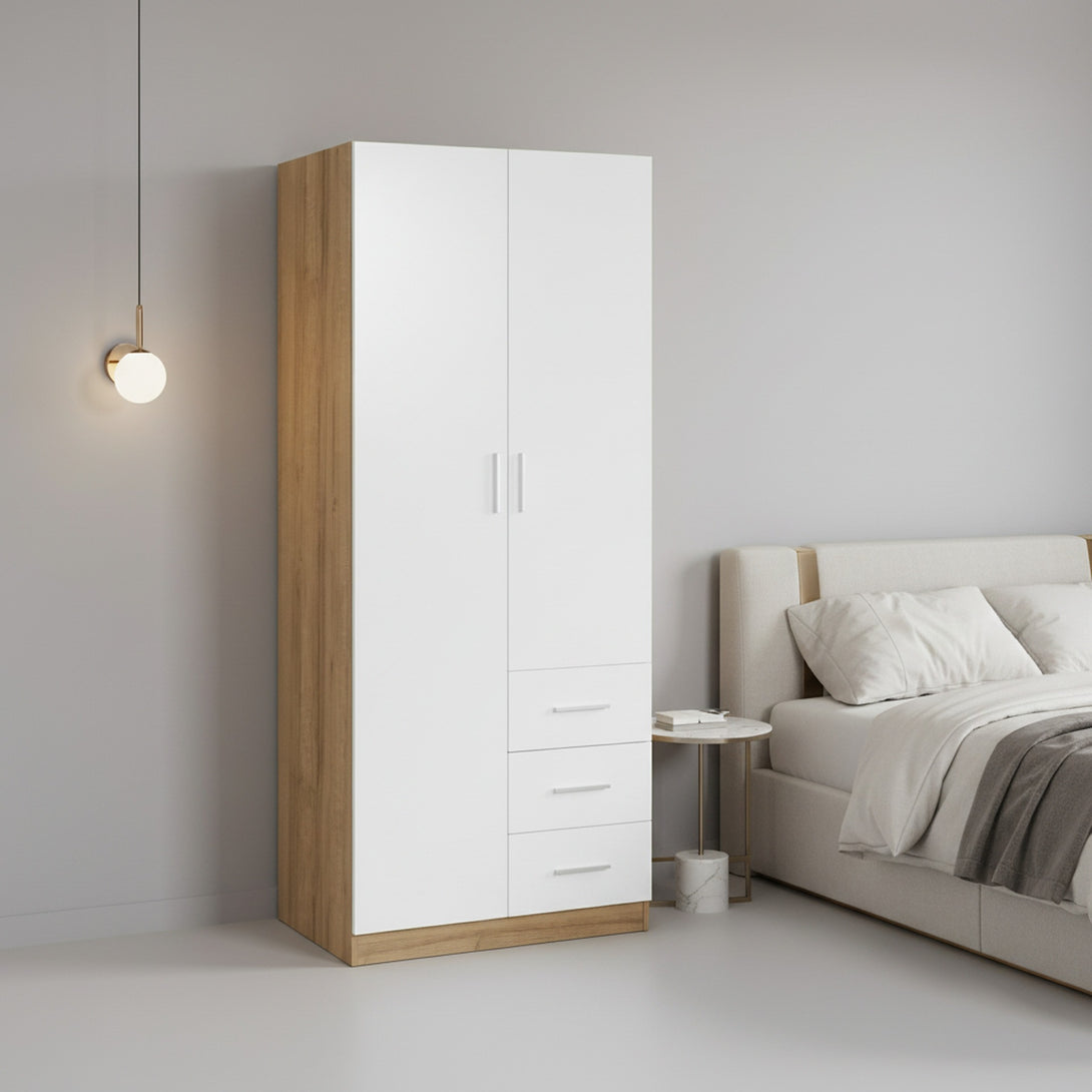 Harris 2 Door Wardrobe with 3 Drawers - Oak+White 
