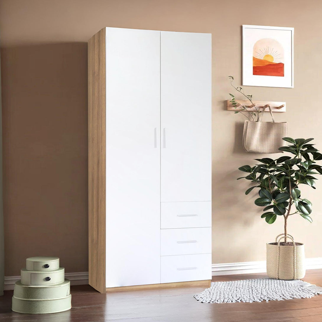 Harris 2 Door Wardrobe with 3 Drawers - Oak+White 