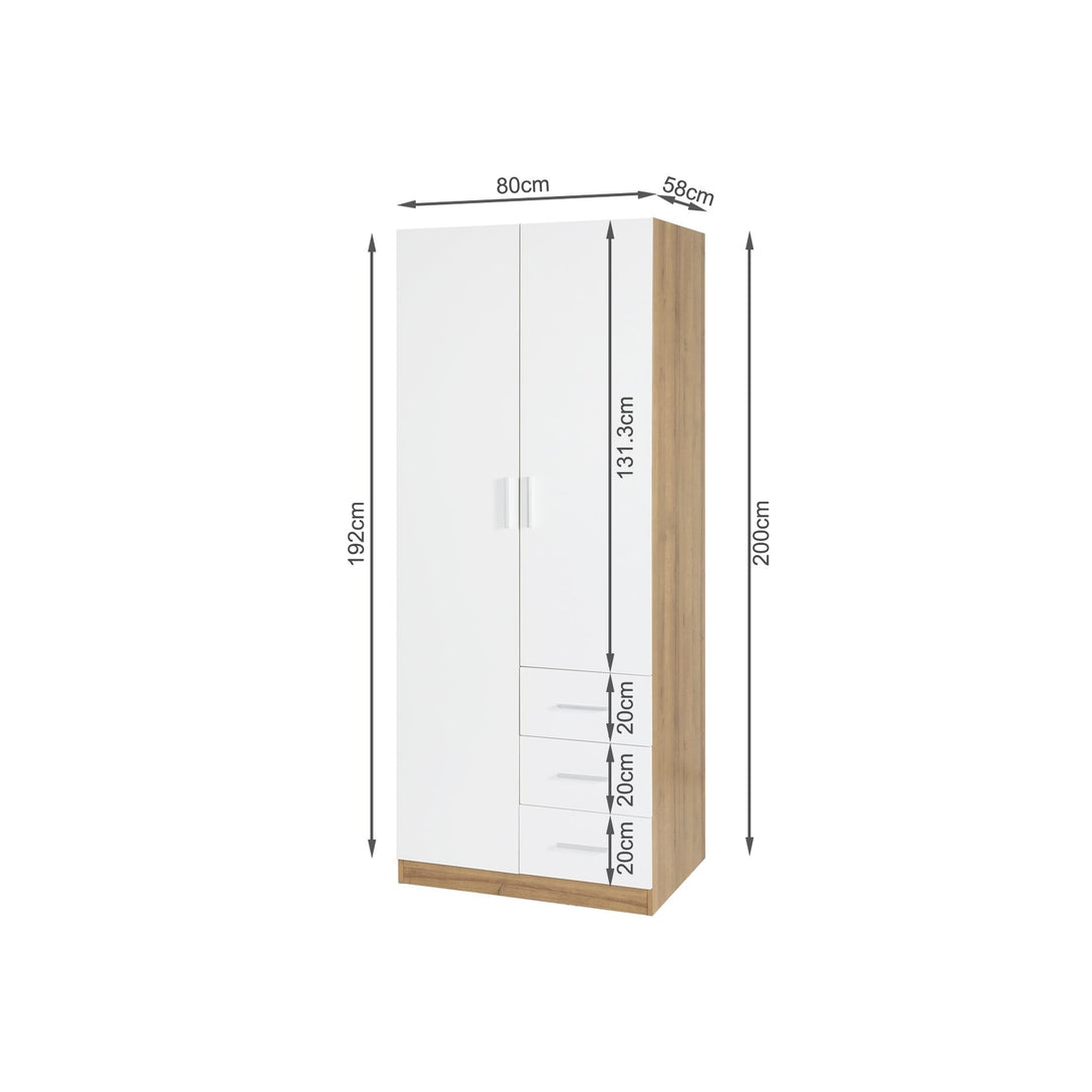Harris 2 Door Wardrobe with 3 Drawers - Oak+White 
