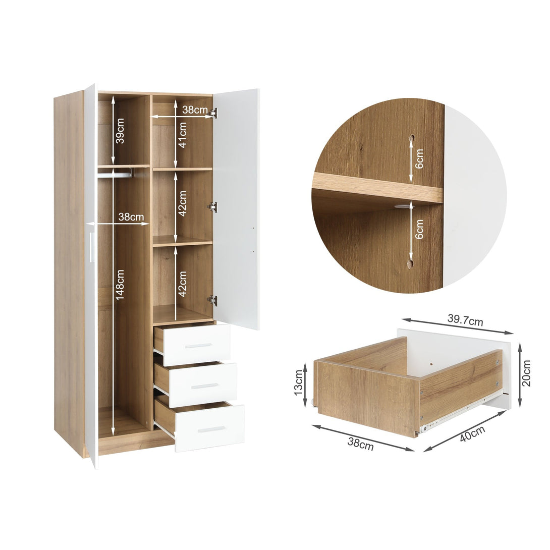 Harris 2 Door Wardrobe with 3 Drawers - Oak+White 