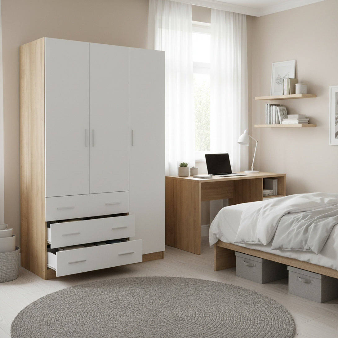 Harris 3 Door Wardrobe with 3 Drawers - Oak+White