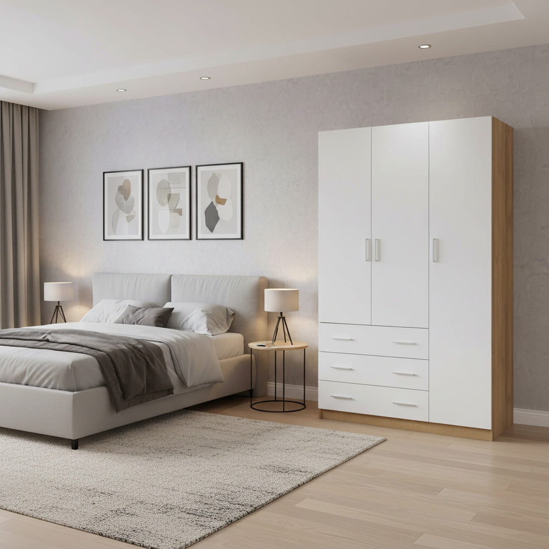 Harris 3 Door Wardrobe with 3 Drawers - Oak+White