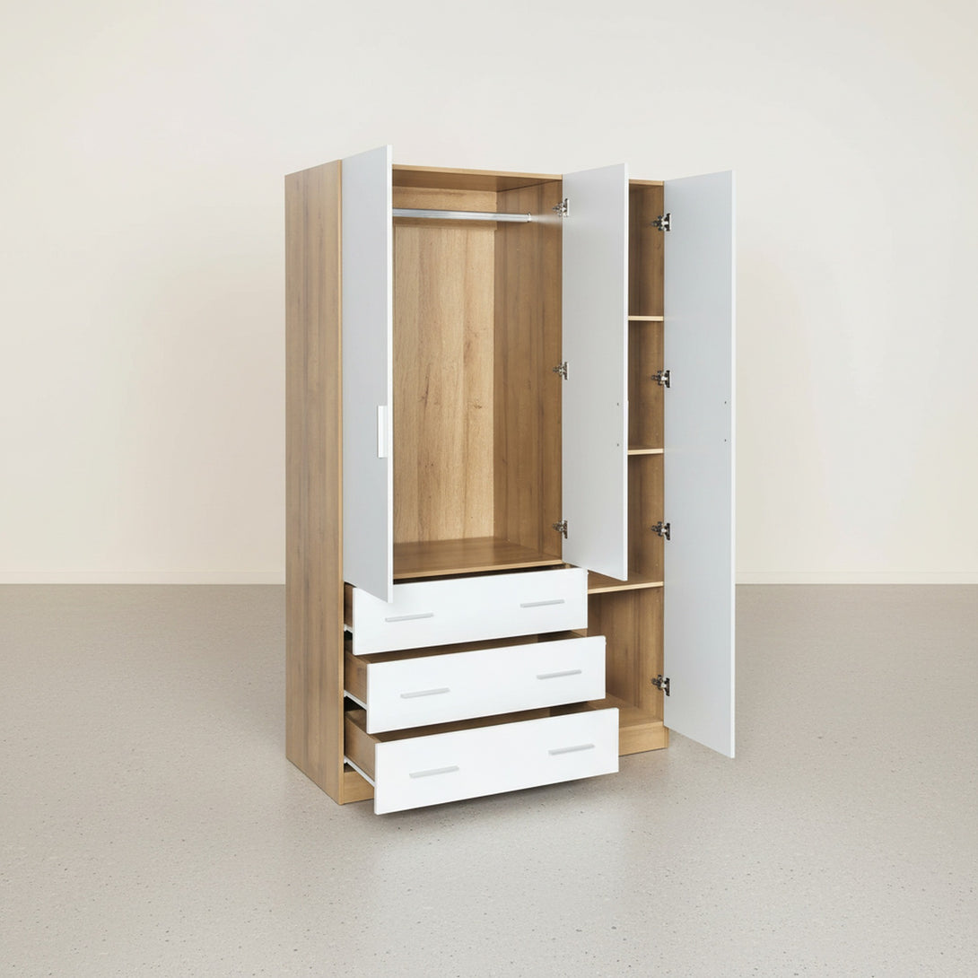 Harris 3 Door Wardrobe with 3 Drawers - Oak+White