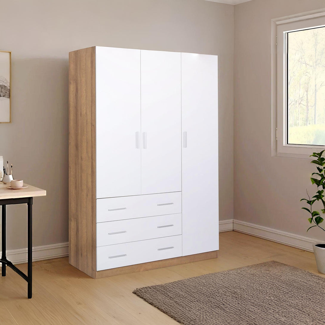 Harris 3 Door Wardrobe with 3 Drawers - Oak+White