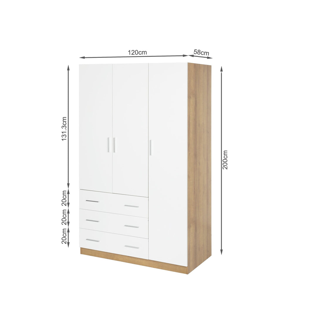 Harris 3 Door Wardrobe with 3 Drawers - Oak+White