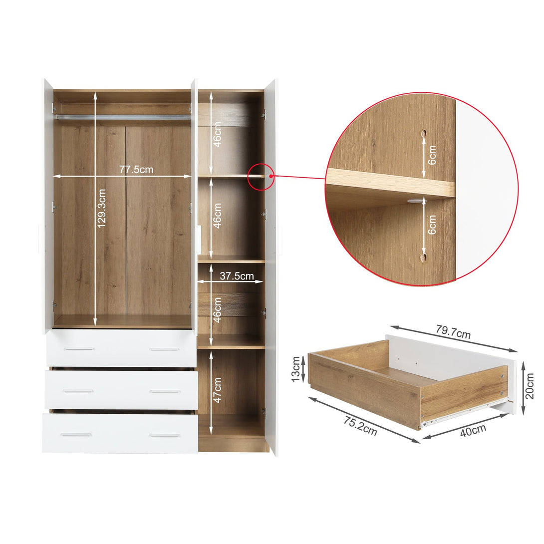 Harris 3 Door Wardrobe with 3 Drawers - Oak+White
